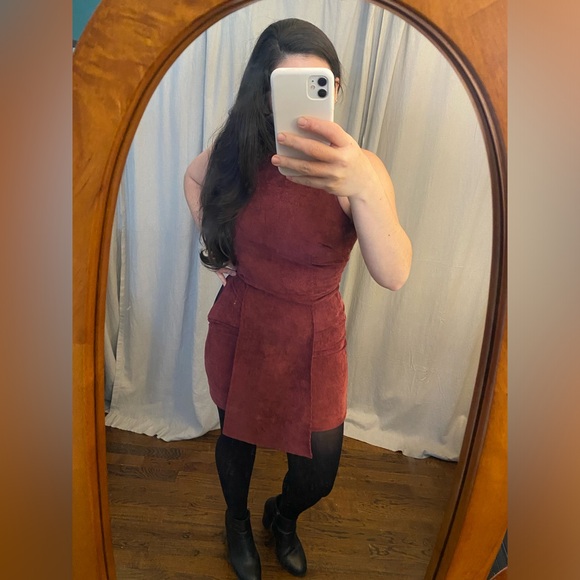 mini dress sleeveless corduroy Madam Rage burgundy red high neck side zip UK8 - Picture 2 of 15